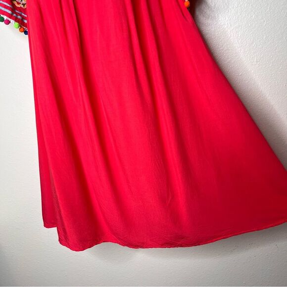 Entro Off Shoulder Pom Pom Embroidered Boho Peasant Tunic Red Orange Women Med - Picture 4 of 11